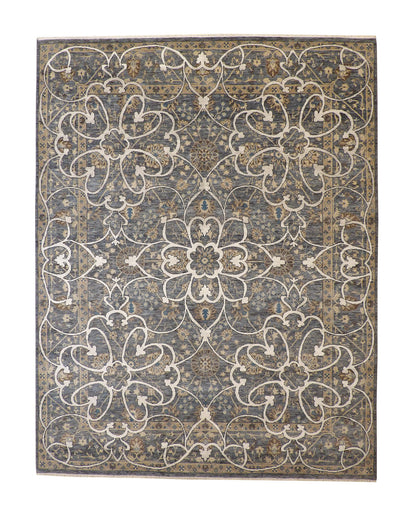 Oushak Indo Agra Chobi hand-knotted wool rug in Blue, full view