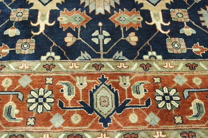 Tribal Heriz hand-knotted wool rug in Blue & Rust, full view