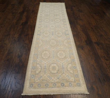 Close-up of wool pile, blue and beige runner