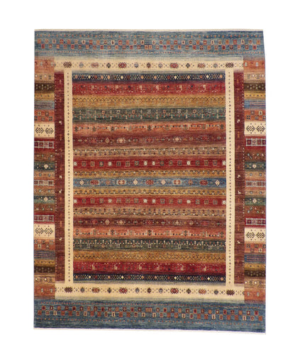 Tribal Khorzin hand-knotted wool rug in Multi-Color & Rust, full view