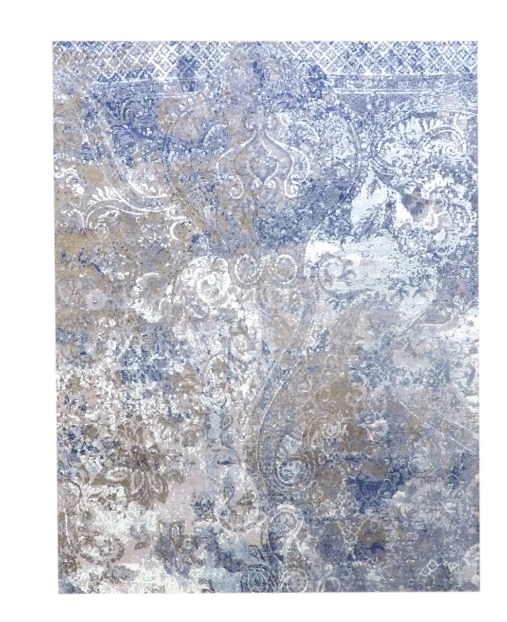 Transitional abstract oxidized damask hand-knotted wool rug in blue and gray, full view