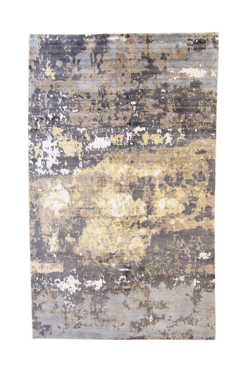 Modern Abstract Design hand-knotted silk rug in Multi-Color & White, full view