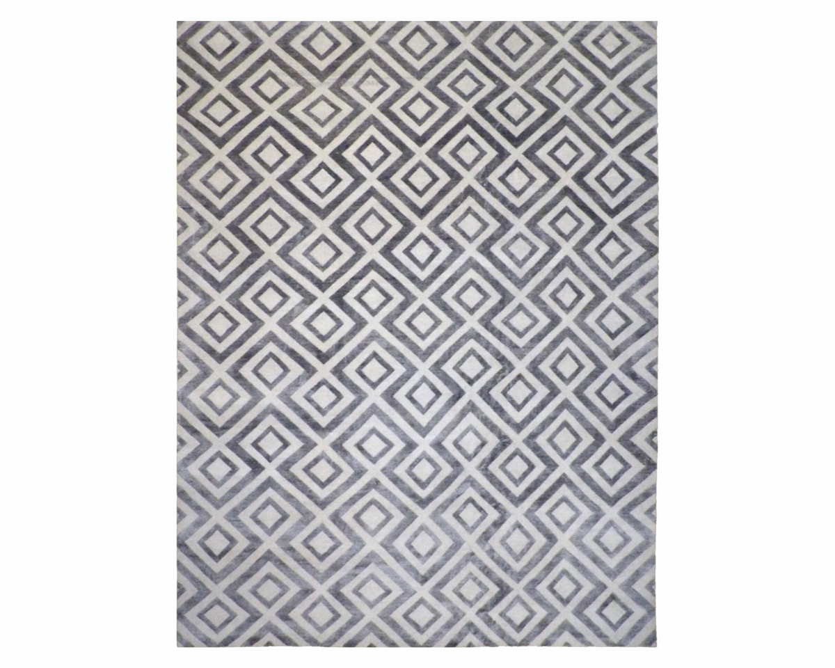 Modern Abstract Diamond Design hand-knotted wool-silk rug in Gray & Silver, full view
