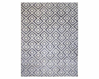Modern Abstract Diamond Design hand-knotted wool-silk rug in Gray & Silver, full view