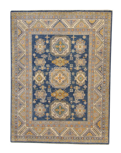 Tribal Super Kazak hand-knotted wool rug in Blue & Beige, full view