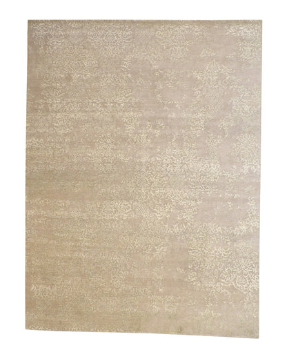 Transitional Abstract Broken Design hand-knotted wool-silk rug in Green & Silver, full view