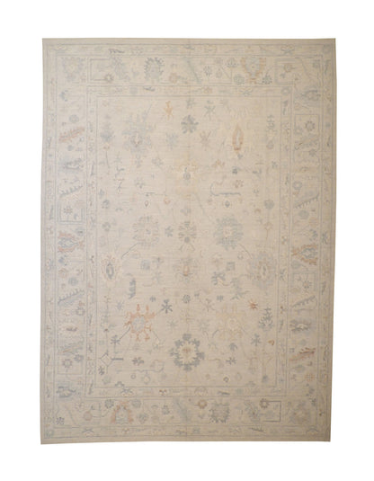 Oushak Chobi hand-knotted wool rug in Blue & Rust, full view