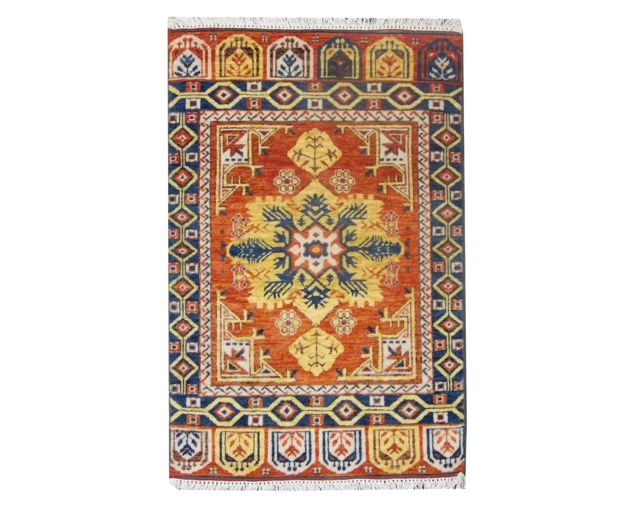 Tribal Turk Heraki hand-knotted wool rug in Green & Rust, full view