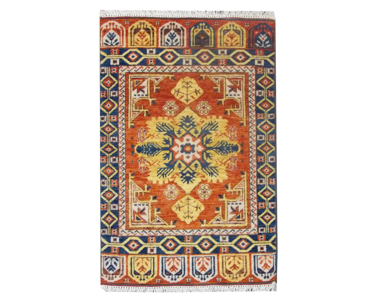 Tribal Turk Heraki hand-knotted wool rug in Green & Rust, full view