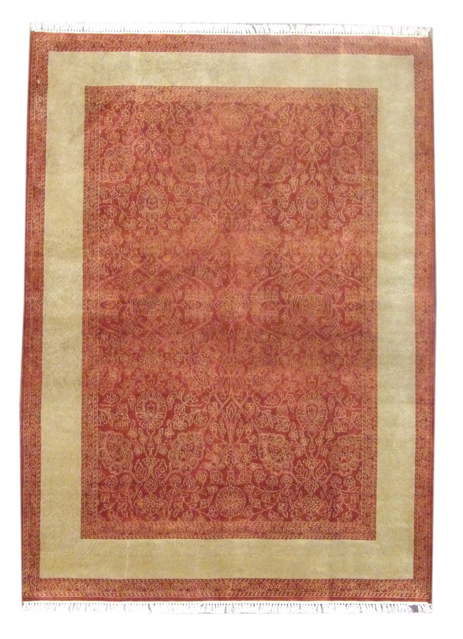 Transitional carved French design hand-knotted wool-silk rug in gold and red, full view