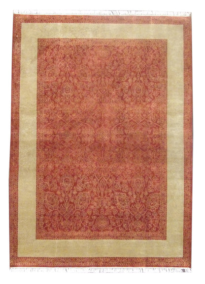 Transitional carved French design hand-knotted wool-silk rug in gold and red, full view