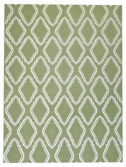 Coastal flat-weave beach hand-knotted wool rug in green and white, full view