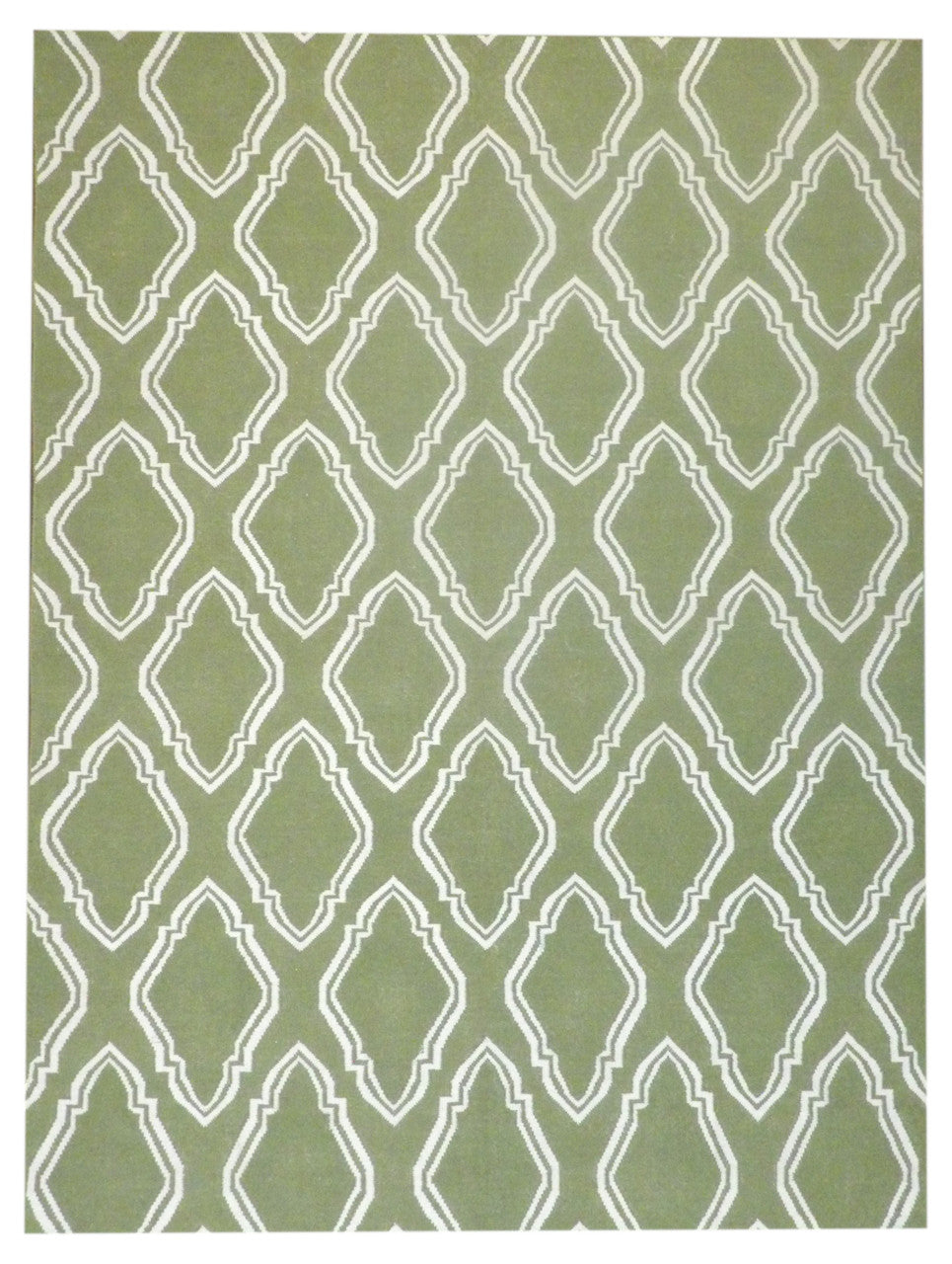 Coastal flat-weave beach hand-knotted wool rug in green and white, full view