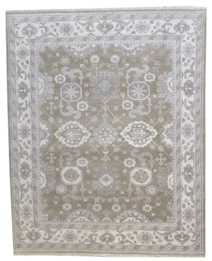 Turk Oushak Natural Dye hand-knotted wool rug in Green & Beige, full view
