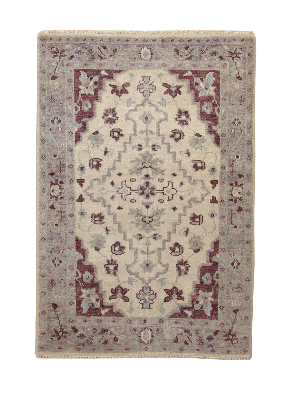 Tribal Heriz Oushak hand-knotted wool rug in Beige, full view
