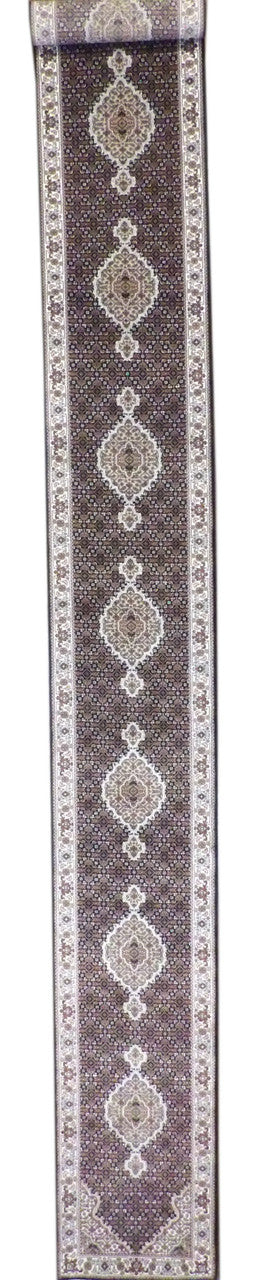 Fine Persian Mahi Tabriz hand-knotted wool-silk runner in black and ivory, full view