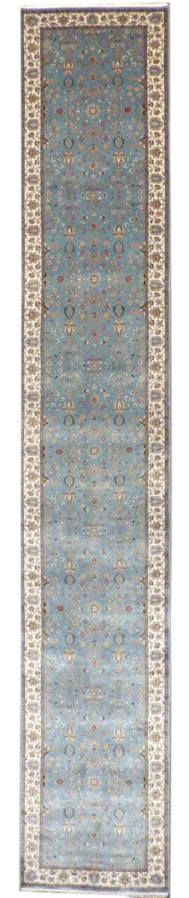 Fine Persian Kashan hand-knotted wool rug in Blue & Beige, full view