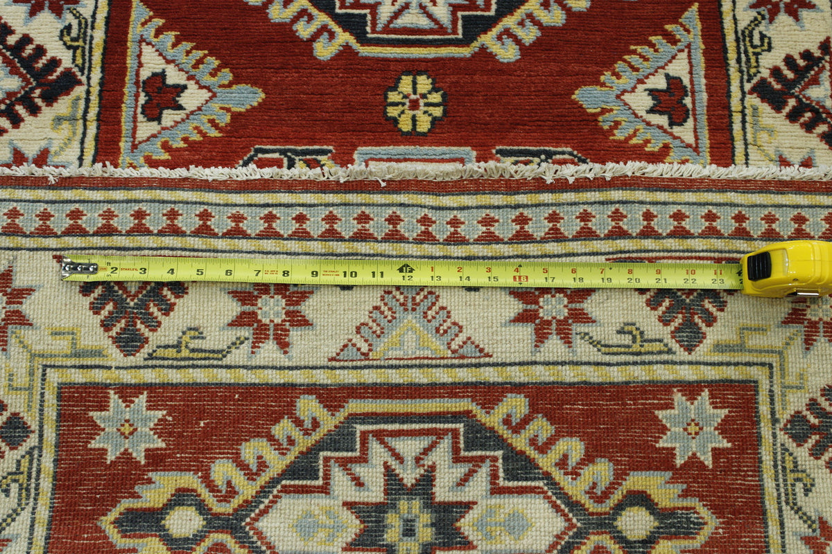Tribal Super Kazak hand-knotted wool rug in Beige & Rust, full view