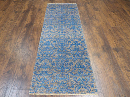 Close-up of wool-silk pile, blue and gray runner