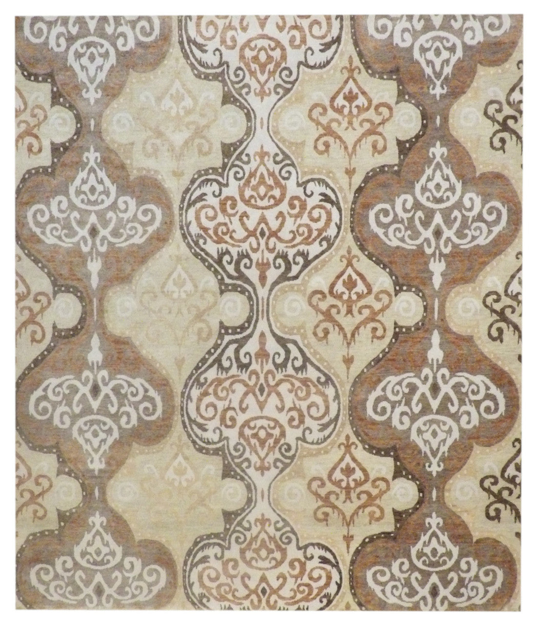 Nepalese Damask Design hand-knotted wool-silk rug in Brown & Rust, full view