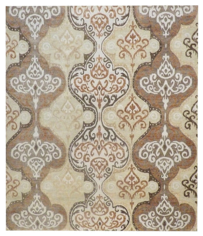 Nepalese Damask Design hand-knotted wool-silk rug in Brown & Rust, full view