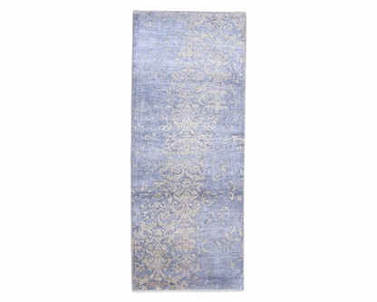Transitional broken damask hand-knotted wool-silk runner in gray and beige, full view