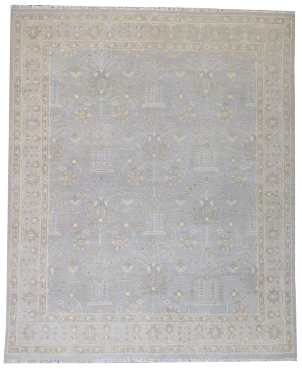 Oushak Chobie natural dye hand-knotted wool rug in beige and gray, full view, 8x10