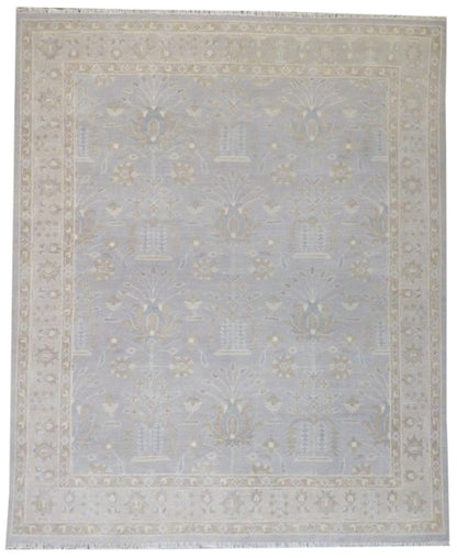 Oushak Chobie natural dye hand-knotted wool rug in beige and gray, full view, 8x10