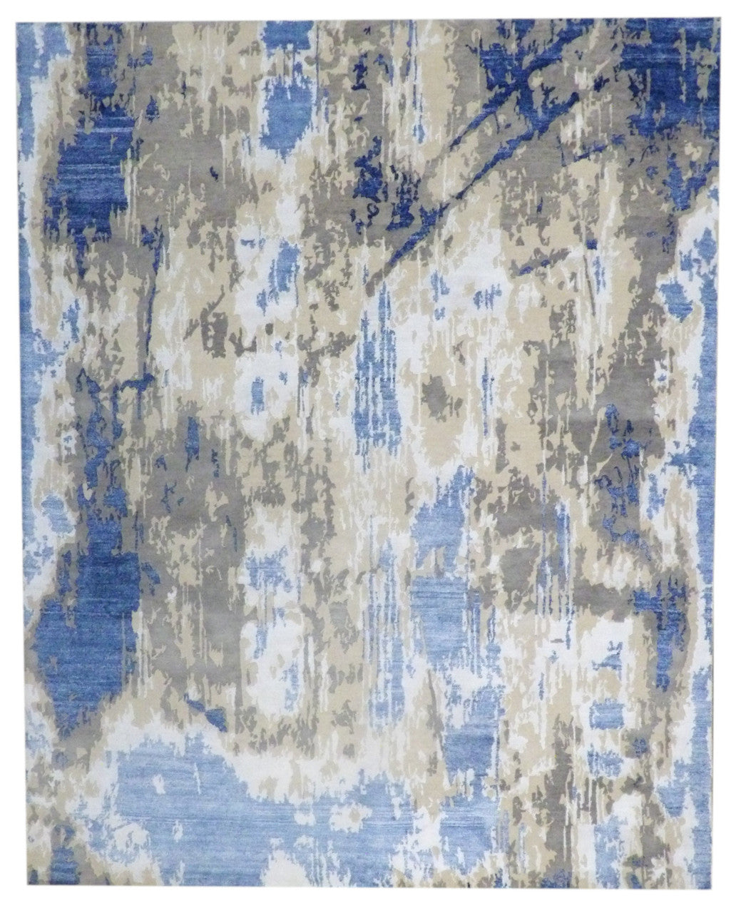 Modern Abstract Broken Design hand-knotted wool-silk rug in Blue & Beige, full view