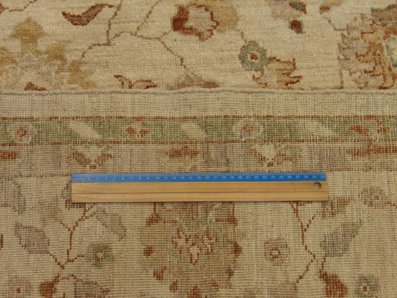 Beige Oushak Chobi Natural Dye Antique Wash rug in room setting
