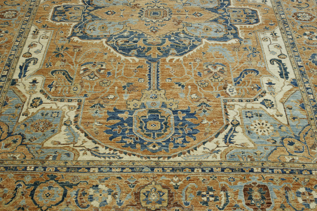 Oushak Heriz Chobi hand-knotted wool rug in Blue & Rust, full view