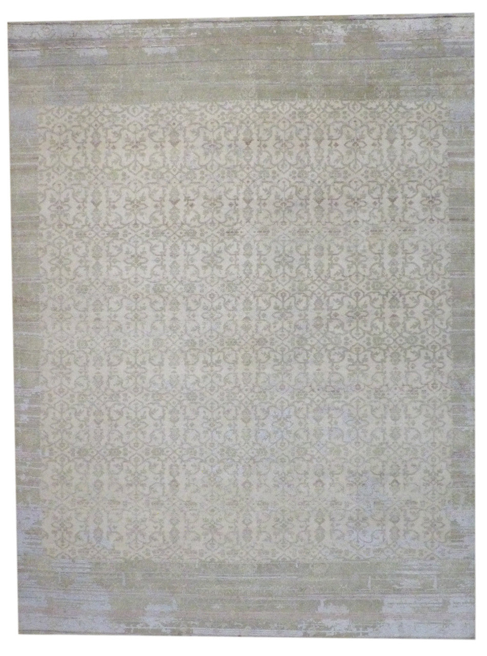 Transitional vintage Oushak hand-knotted wool-silk rug in gold and green, full view