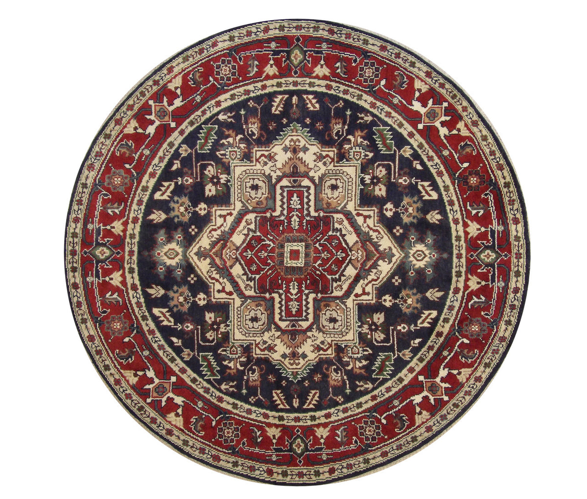 Tribal Indo Heriz hand-knotted wool rug in Blue & Red, full view