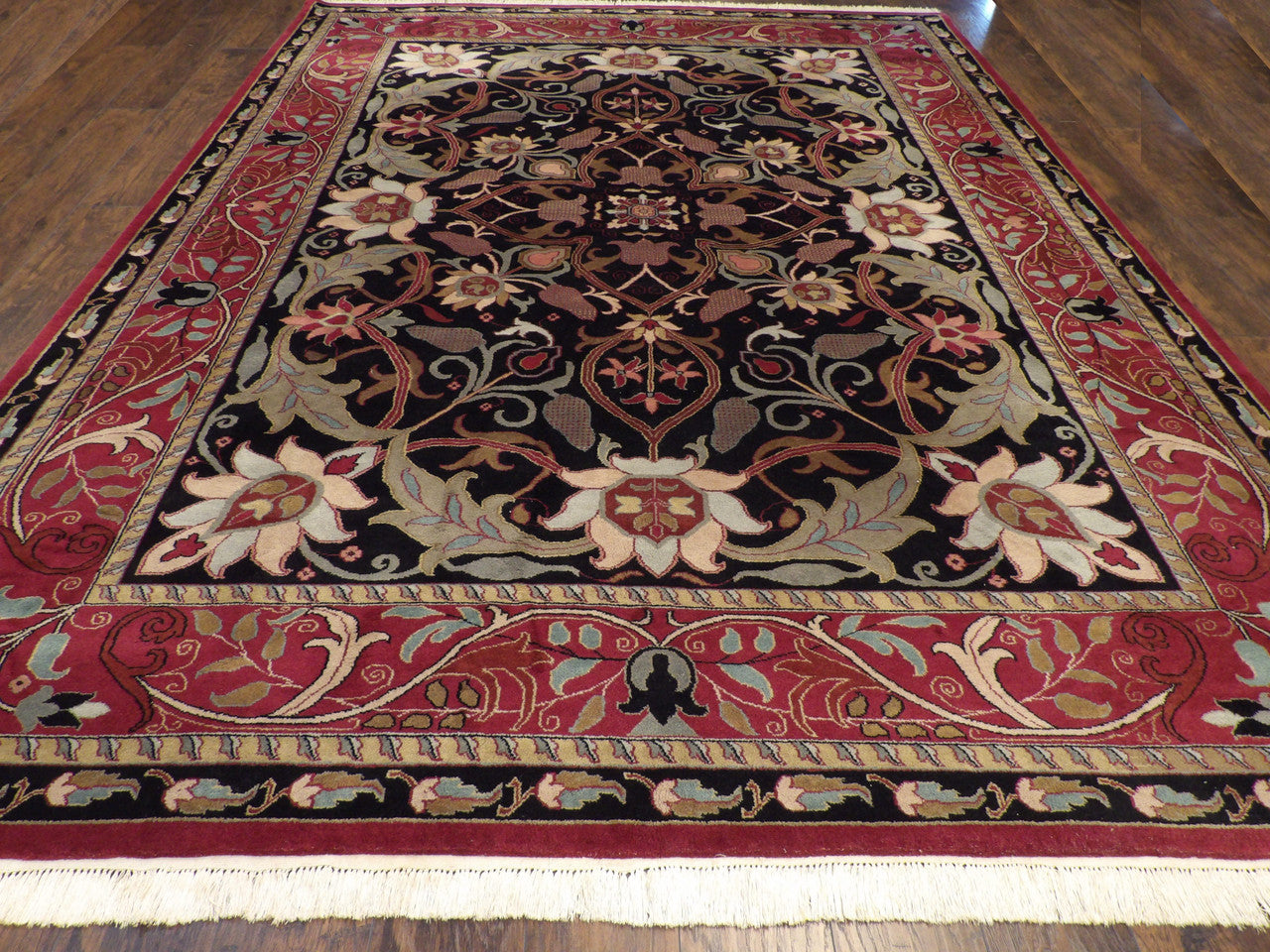 Close-up of wool-silk pile, Black & Red rug