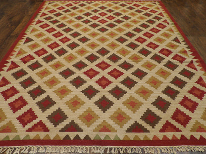 Coastal Flat-Weave Indoor/Outdoor Hand-Knotted Wool Rug in Gold & Rust — 8'0" x 10'0" | SKU w1095