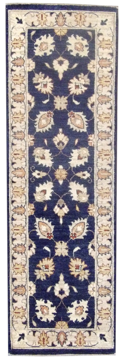 Oushak Chobie hand-knotted wool runner in blue and beige, full view