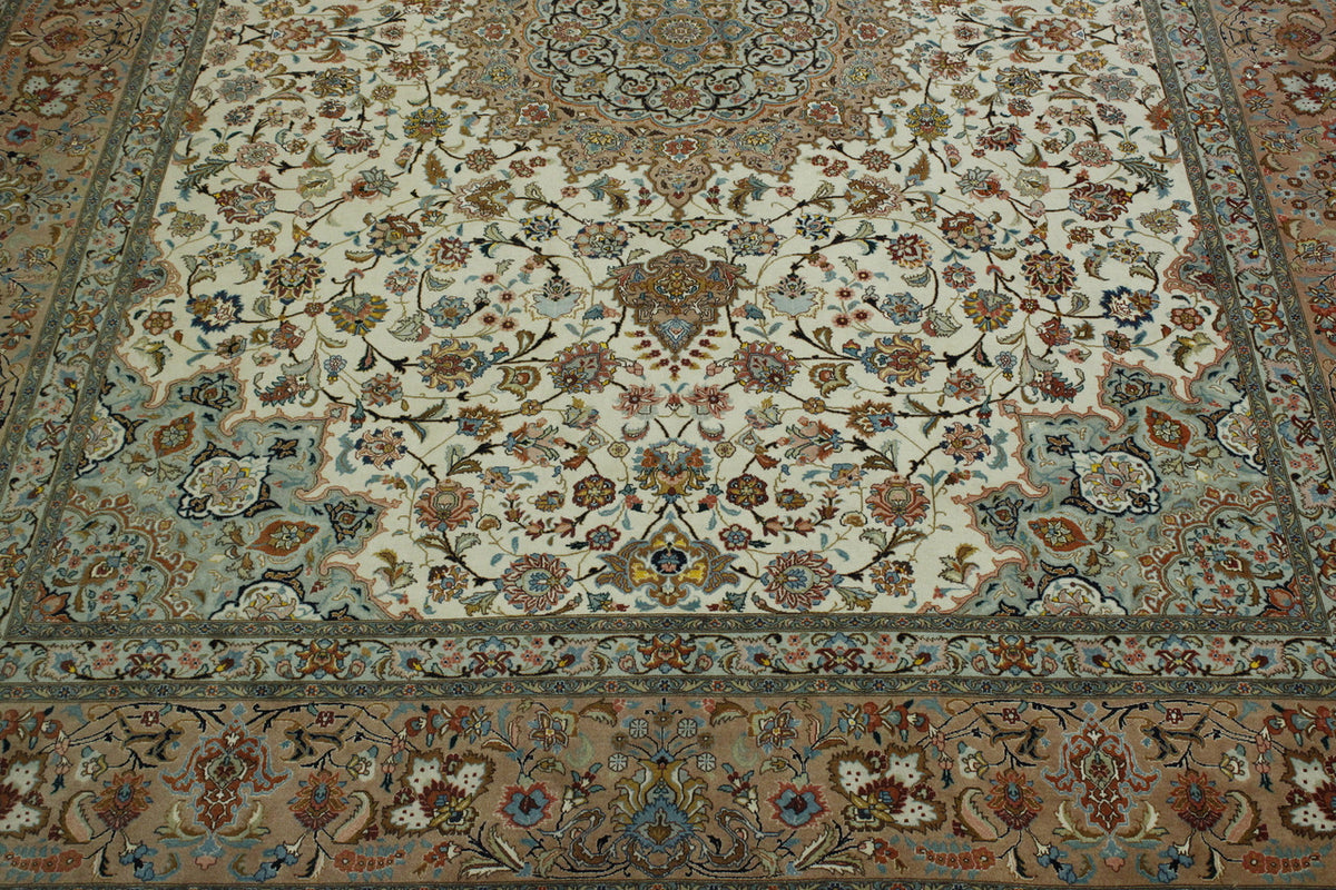 Traditional Fine Qum hand-knotted wool rug in Beige & Pink, full view