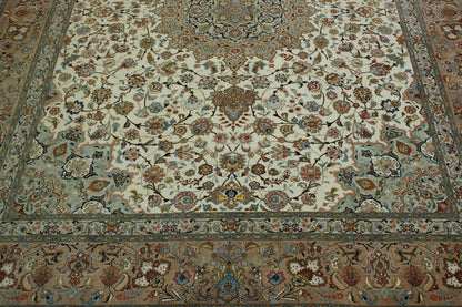 Traditional Fine Qum hand-knotted wool rug in Beige & Pink, full view