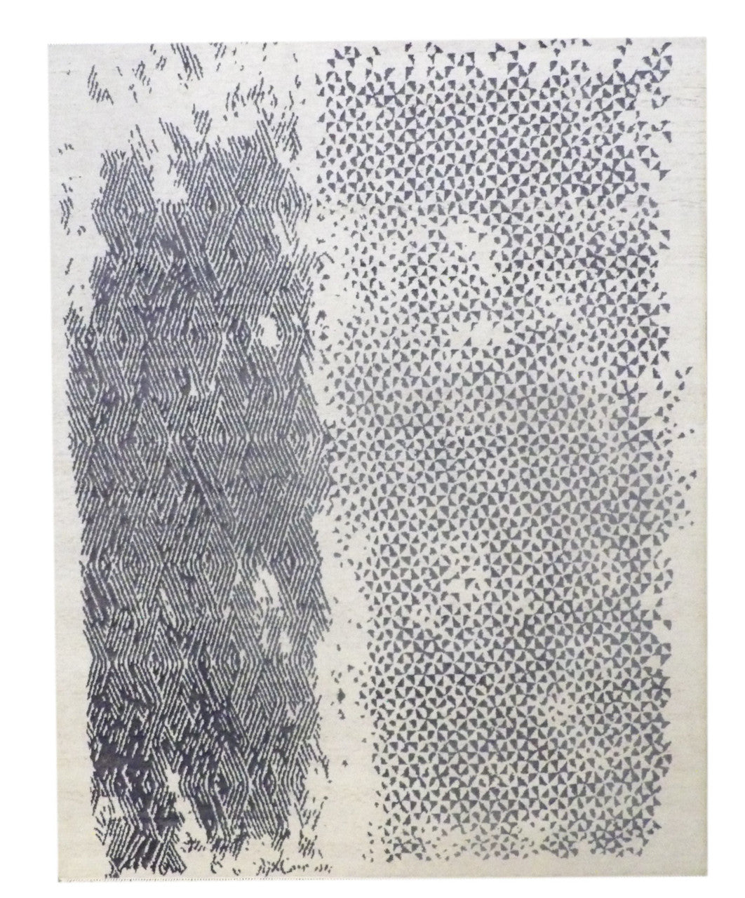 Modern Broken Net Design hand-knotted wool rug in Black & Beige, full view