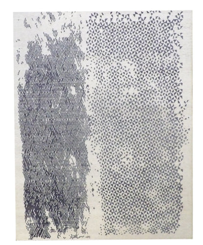 Modern Broken Net Design hand-knotted wool rug in Black & Beige, full view