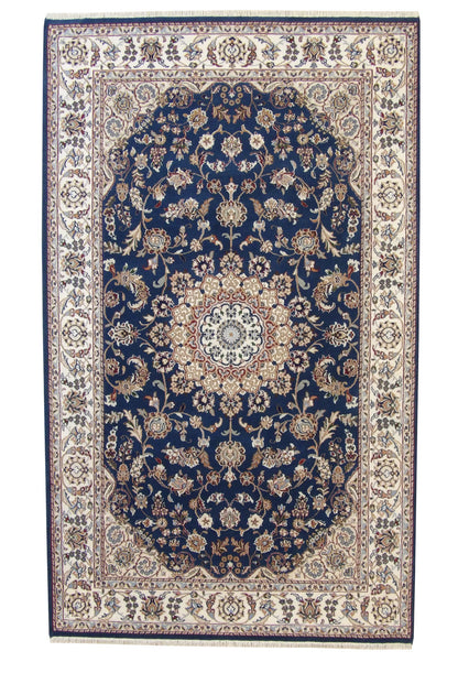 Traditional Fine Nain hand-knotted wool-silk rug in Blue & Beige, full view