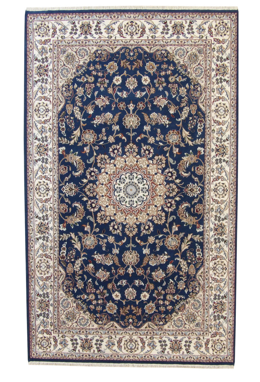 Traditional Fine Nain hand-knotted wool-silk rug in Blue & Beige, full view