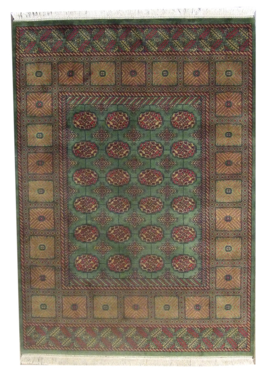 Tribal Bokhara Elephant Print hand-knotted wool rug in Green & Red, full view