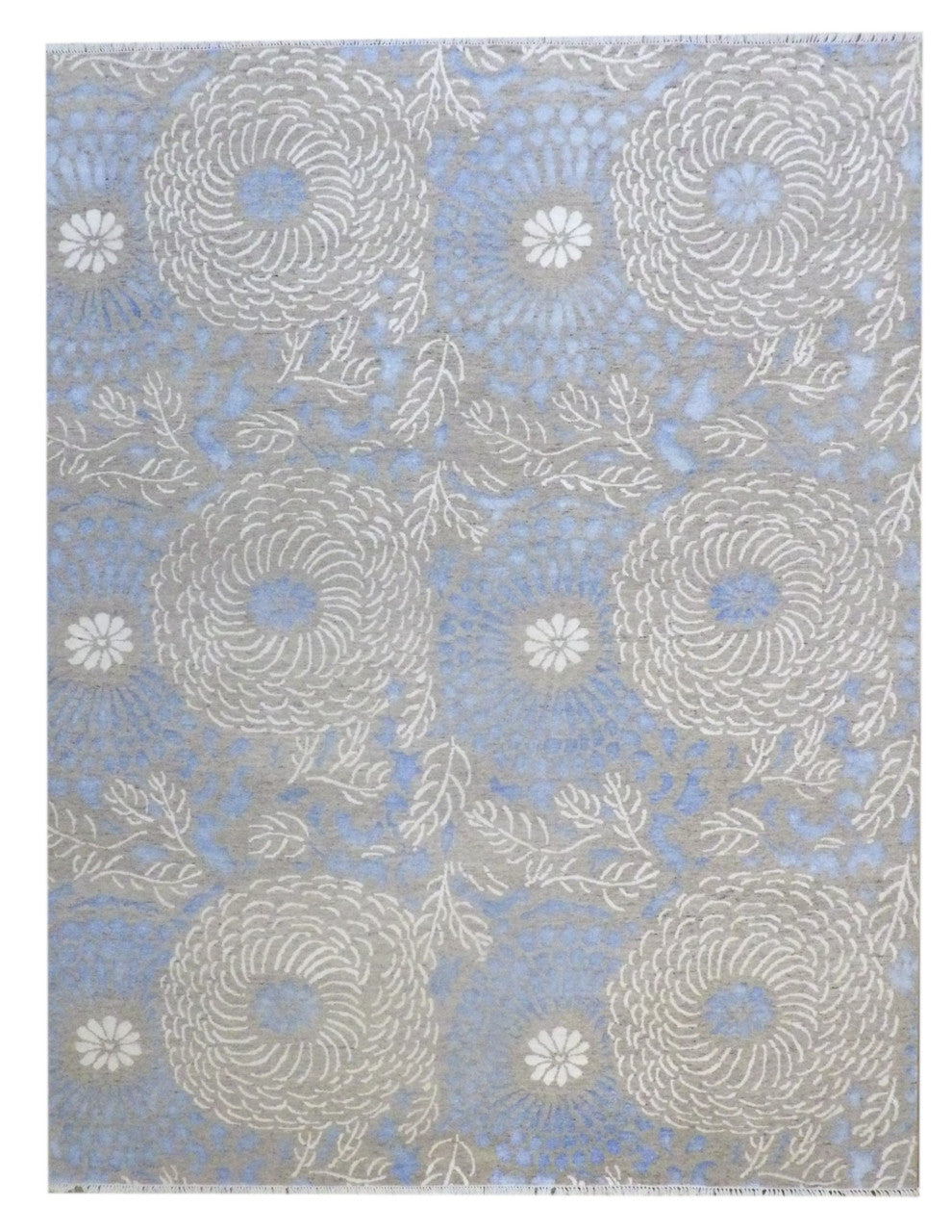Transitional Rose Design hand-knotted wool-silk rug in Blue & Gray, full view