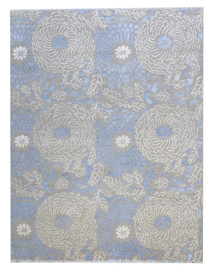 Transitional Rose Design hand-knotted wool-silk rug in Blue & Gray, full view