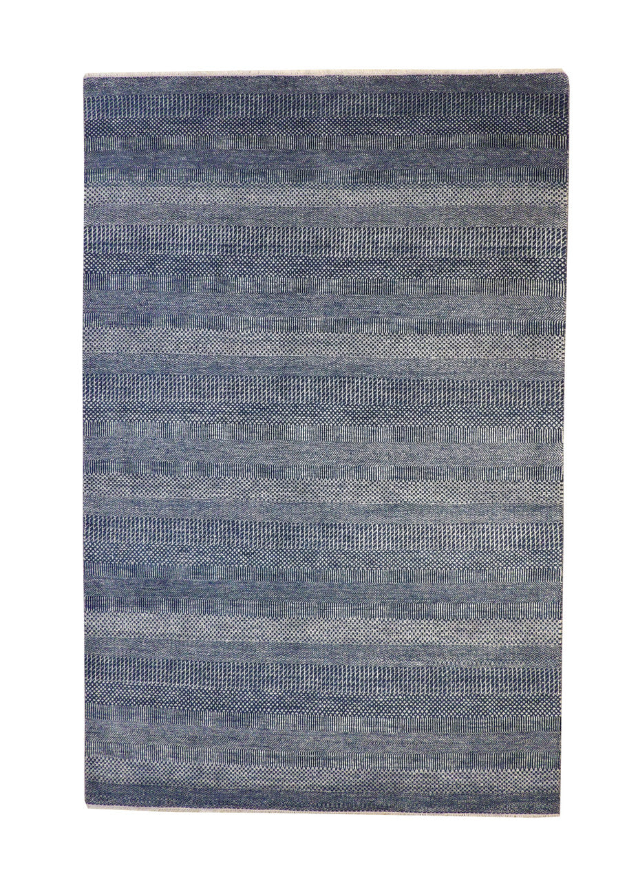 Modern Grass Design hand-knotted wool-silk rug in Blue & White, full view