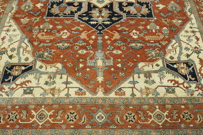 Tribal Heriz hand-knotted wool rug in Beige & Rust, full view