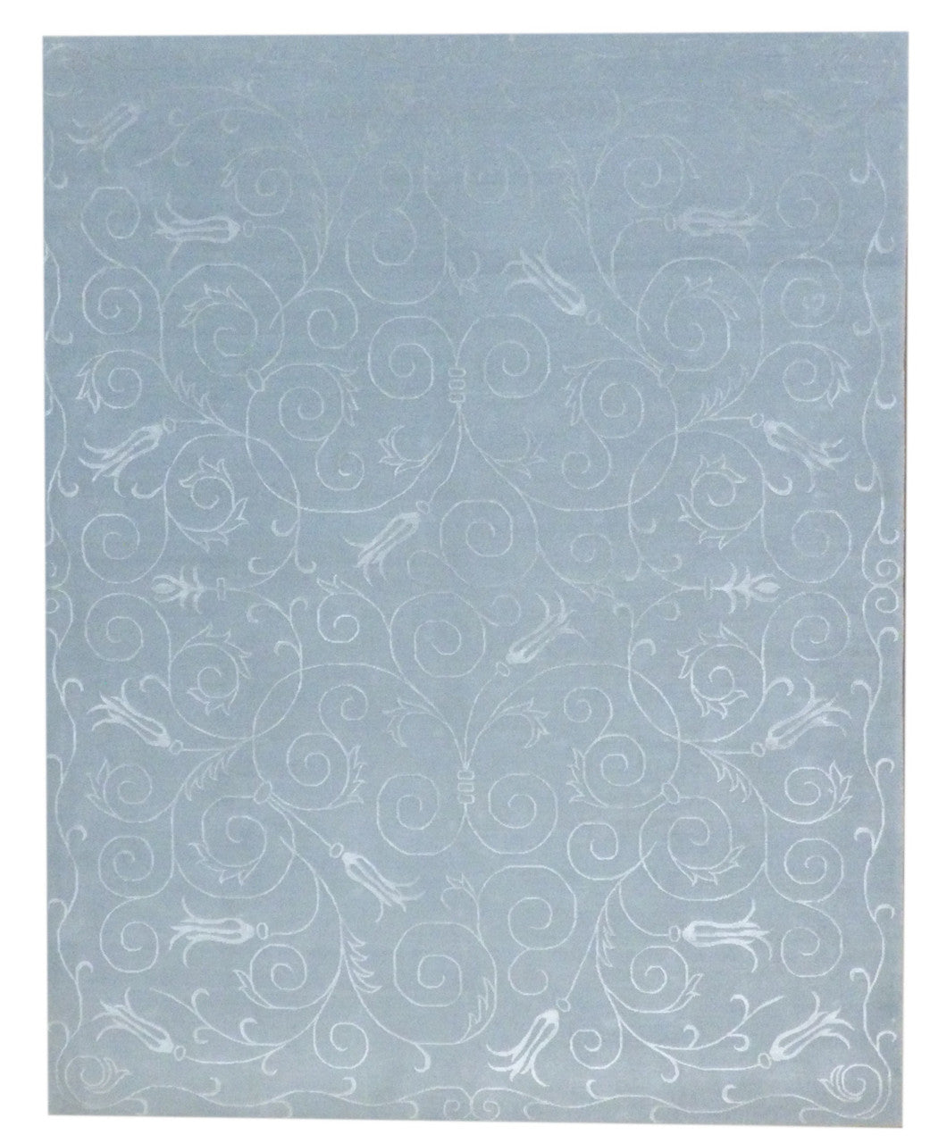Transitional floral hand-knotted wool-silk rug in blue, full view, 8x10