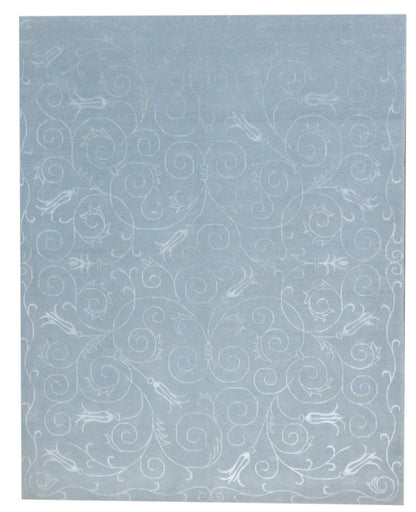 Transitional floral hand-knotted wool-silk rug in blue, full view, 8x10