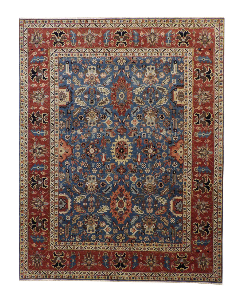 Traditional Fine Sherapi hand-knotted wool rug in Blue & Rust, full view